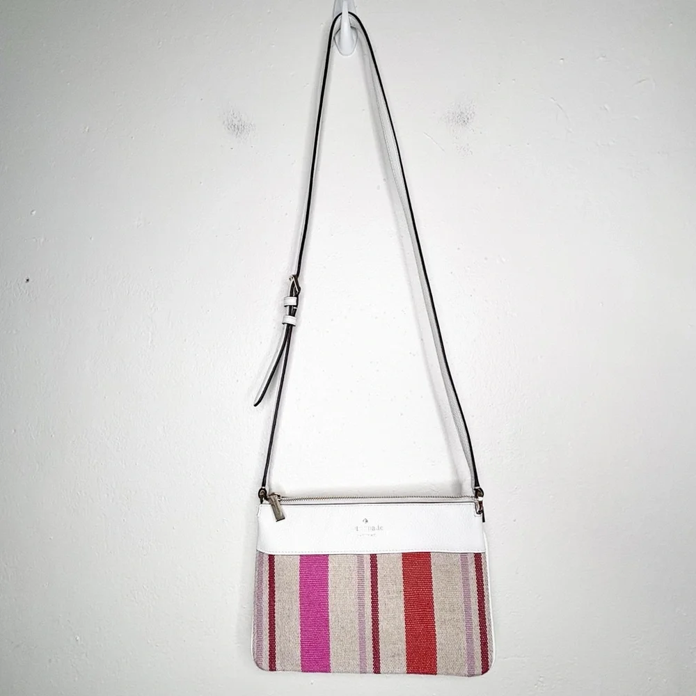 Kate Spade New York Leila Triple Gusset Crossbody Purse Striped Pink White EUC